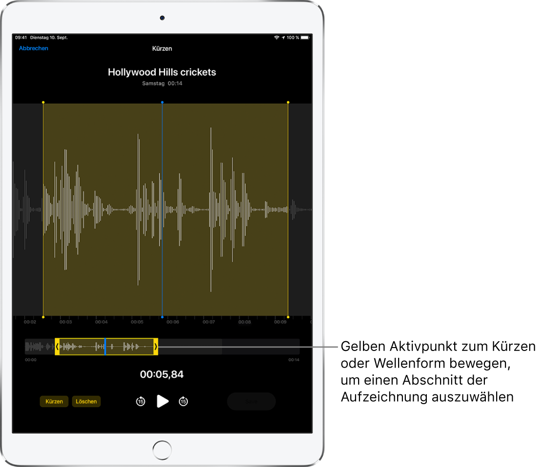 Unten auf dem Bildschirm sind die zu kürzende Aufnahme und die beiden gelben Aktivpunkte zu sehen, die einen Teil der Audiowellenform begrenzen. Unter der Wellenform und den Aktivpunkten befinden sich die Wiedergabetaste und ein Timer für die Aufnahme.