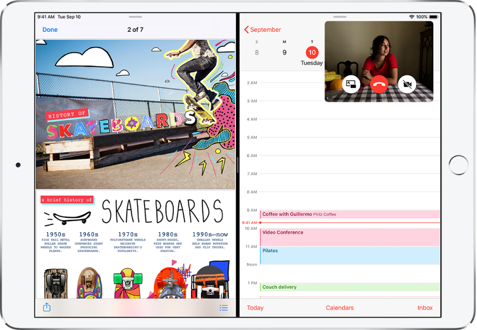 A graphics app is open on the left side of the screen, Calendar is open on the right, and a small FaceTime window appears in the upper-right corner.
