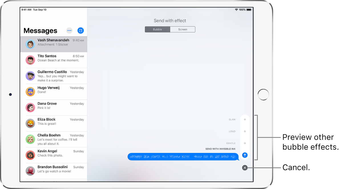 A message preview with the invisible ink effect. At the lower right, tap a control to preview other bubble effects. Tap the same control again to send, or tap the Cancel button below to return to your message.