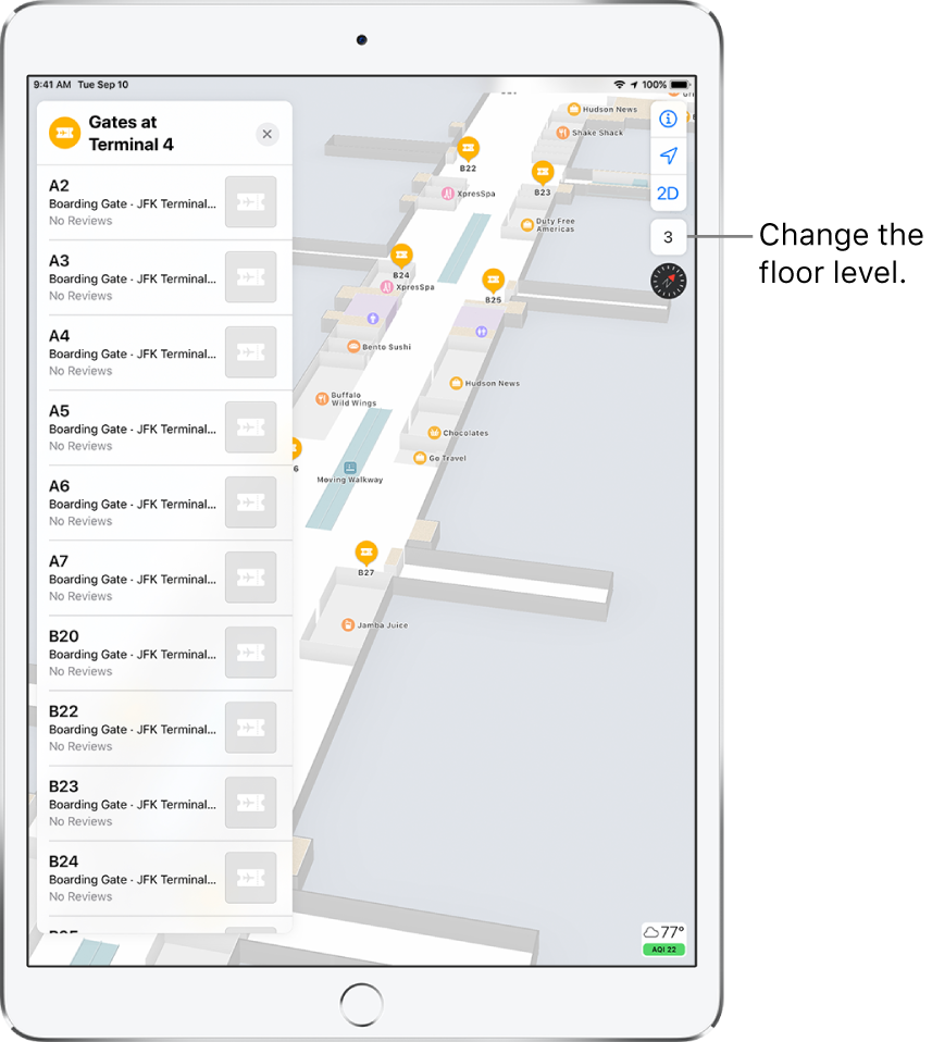 An indoor map of an airport terminal. The map shows businesses and boarding gates. On the left side of the screen, a card identifies gates at Terminal 4.