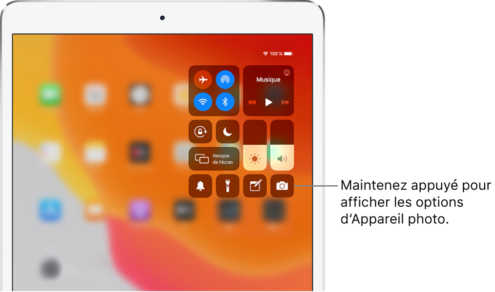 Commandes associées au mode Avion, aux données cellulaires, au Wi-Fi et au Bluetooth dans le groupe en haut à gauche du Centre de contrôle pour les modèles d’iPad Wi-Fi   Cellular. Une légende relative à la commande Appareil photo indique de toucher l’icône Appareil photo (en bas à droite) et de maintenir le doigt dessus pour afficher plus d’options liées à l’appareil photo.