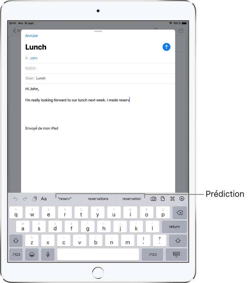 Message Mail montrant les premiers mots d’un nouveau message, avec des suggestions de saisie prédictive pour compléter le mot suivant.