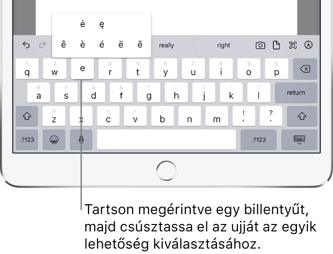 Az e billentyűhöz tartozó ékezetes karaktereket megjelenítő képernyő.