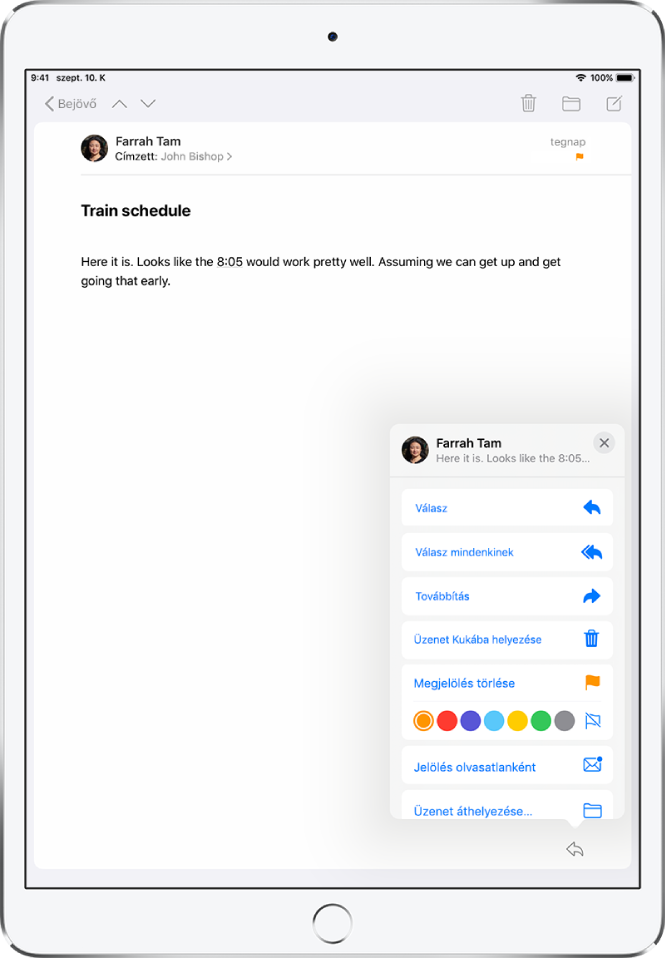 Egy e-mail, amelynek jobb alsó sarkában a válaszírási lehetőségek láthatók. Ezek alatt a jelölésekhez választható színek jelennek meg.