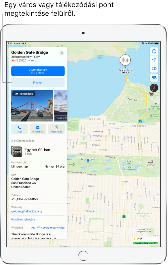 San Francisco térképe. A képernyő bal oldalán a Golden Gate-híd információs kártyája látható egy Flyover gombbal az Útvonaltervek gomb alatt.