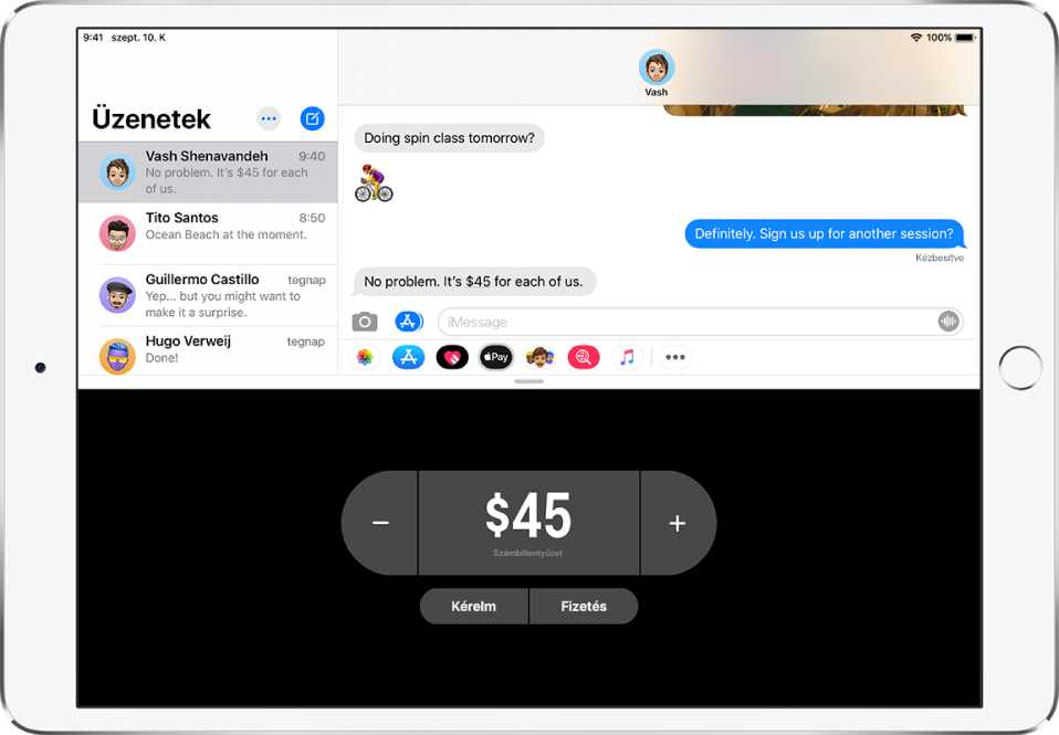 Egy iMessage-beszélgetés, alul a megnyitott Apple Pay alkalmazással.