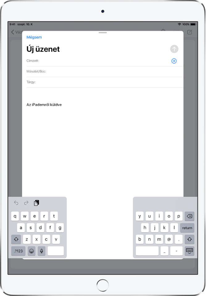 Leválasztott osztott billentyűzet az iPad képernyőjének alján.