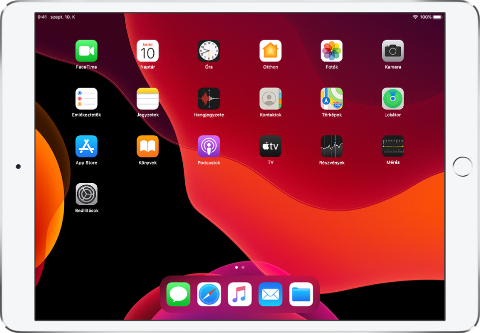 Az iPad főképernyője, amikor a Sötét mód be van kapcsolva.