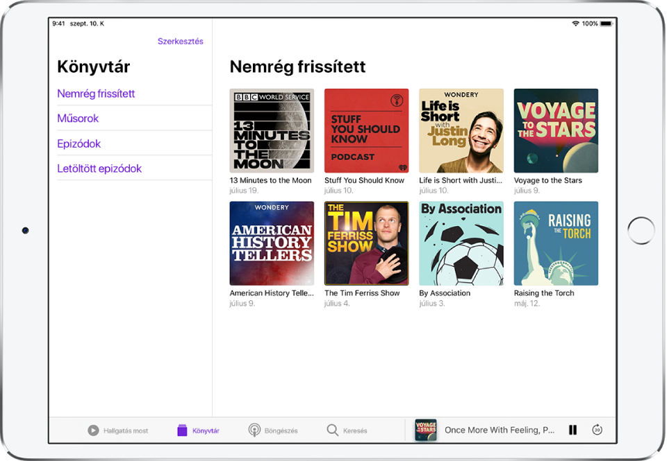 A Könyvtár lap, melyen a legutóbb frissített podcastok láthatók.