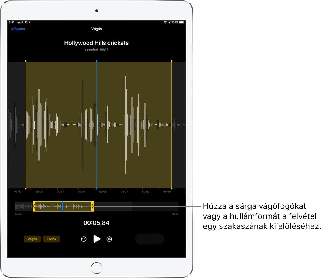 Levágott felvétel, amelyen a sárga vágófogópontok körülhatárolják a hanghullámforma egy meghatározott részét a képernyő alján. A hullámforma és a vágófogópontok alatt egy Lejátszás gomb és egy felvételidőzítő jelenik meg.