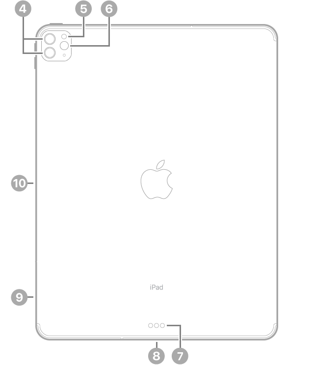 Baksiden av iPad Pro med forklaringer med klokken fra øverst til venstre: kameraer på baksiden, blits, Smart Connector, USB-C-port, SIM-skuff (Wi-Fi   Cellular) og magnetisk feste for Apple Pencil.