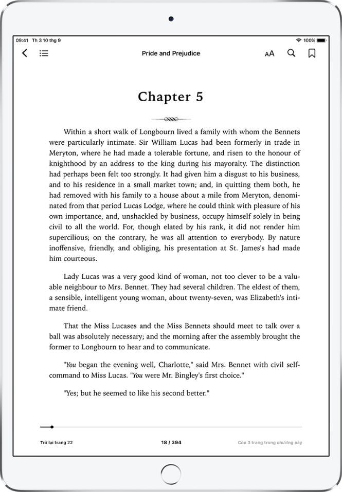 Trang sách mở ra trong ứng dụng Sách đang hiển thị các điều khiển điều hướng ở đầu màn hình, từ trái sang phải, để đóng sách, bảng mục lục, menu giao diện, tìm kiếm và đánh dấu.