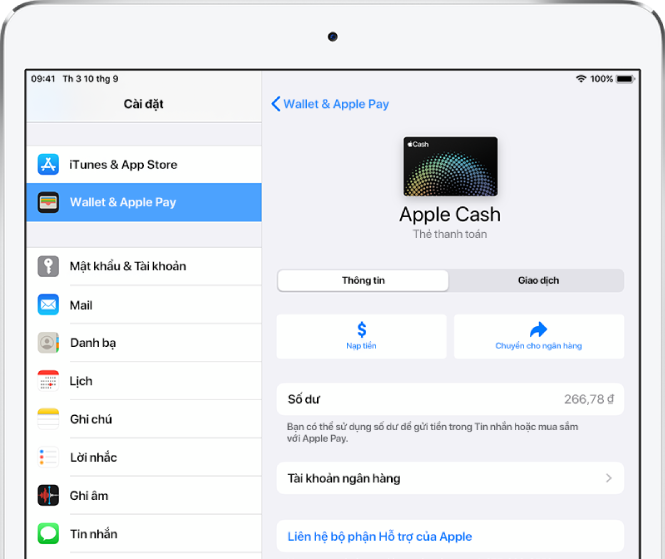 Màn hình chi tiết của thẻ Apple Cash, đang hiển thị số dư ở trên cùng bên phải.