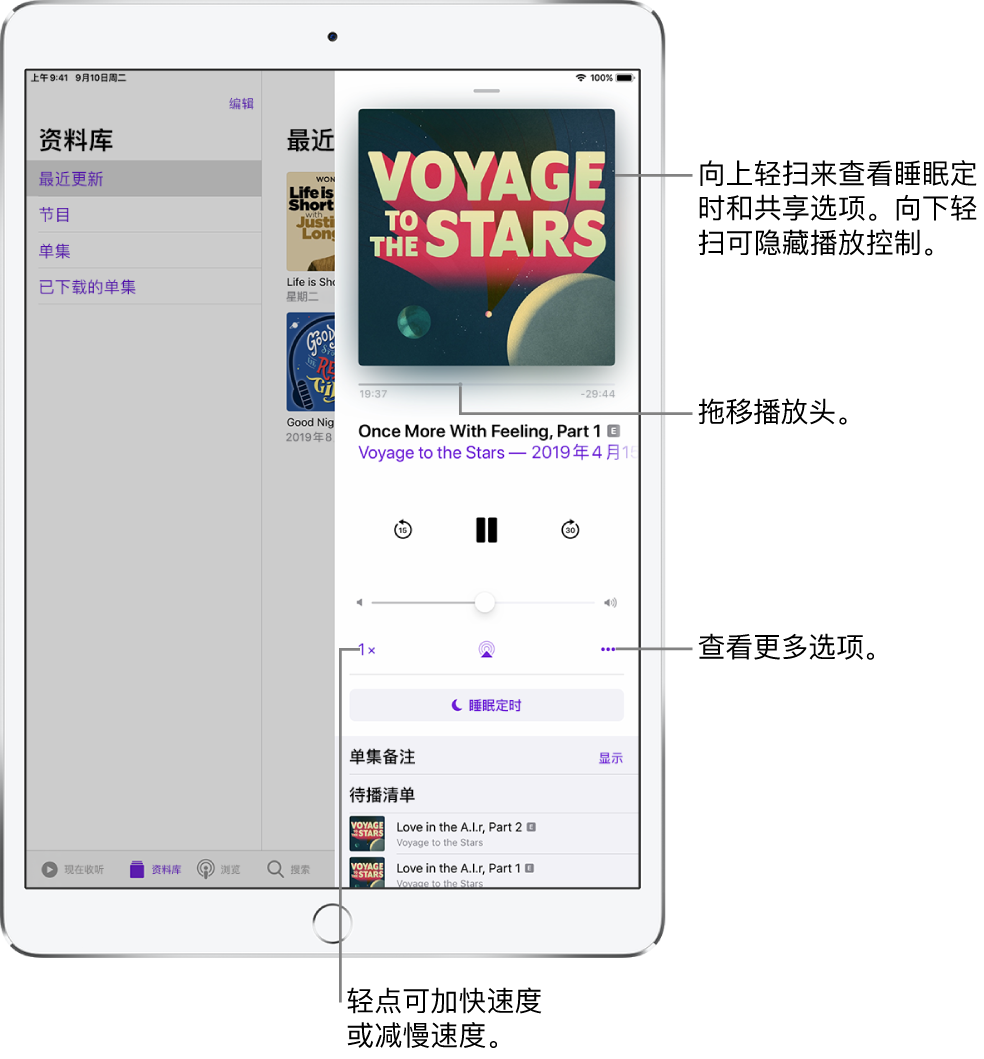 播客播放控制位于屏幕右侧。中间是用于播放或暂停播放播客的控制。再下方是音量控制。屏幕的顶部是用于在播客中倒回或前移的滑块。左下角是用于更改播放速度的控制。右下角是“更多”按钮。