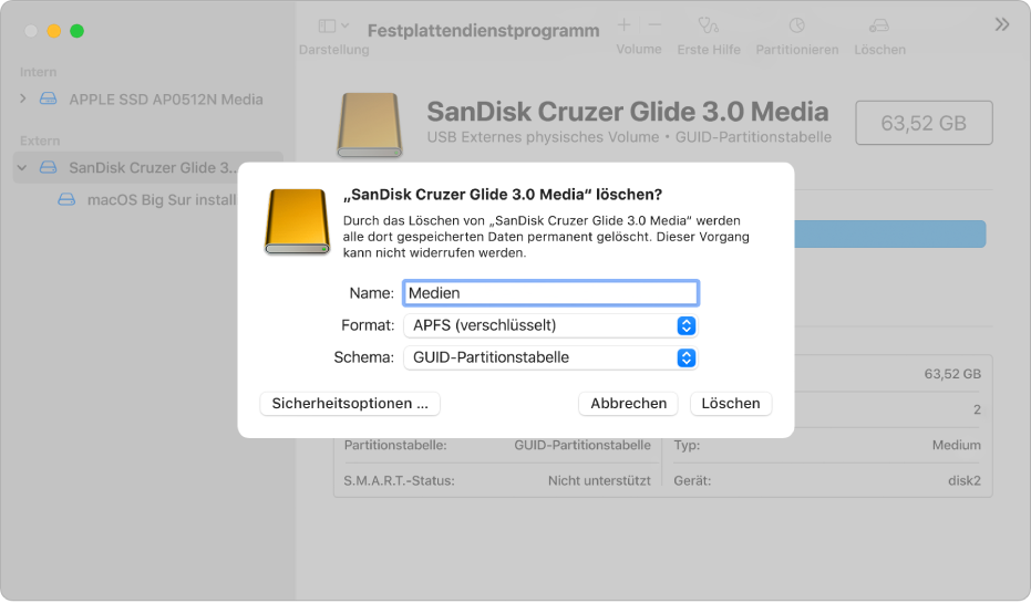 Fenster des Festplattendienstprogramms mit dem Dialogfenster „Löschen“, in dem gerade Einstellungen festgelegt werden, um einen USB-Stick in ein APFS-verschlüsseltes Format zu formatieren.