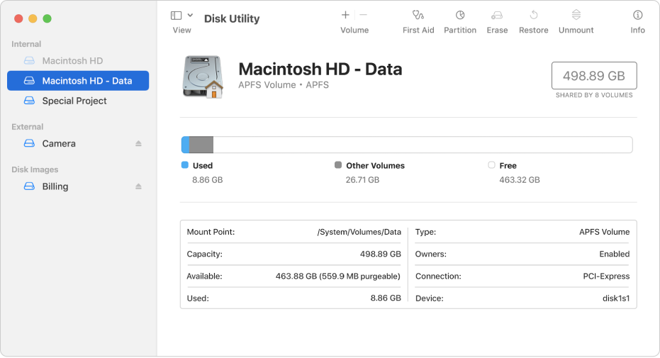 The Disk Utility window, showing an APFS volume on an internal disk, a volume on an external disk and a disk image.