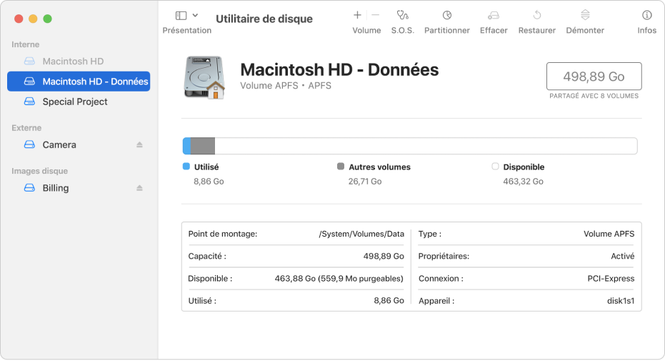 Une fenêtre Utilitaire de disque avec la présentation « Afficher uniquement les volumes » sélectionnée. La barre latérale à gauche affiche trois volumes internes, un volume externe et un volume d’image disque. La sous-fenêtre située à droite affiche les détails relatifs au volume sélectionné.