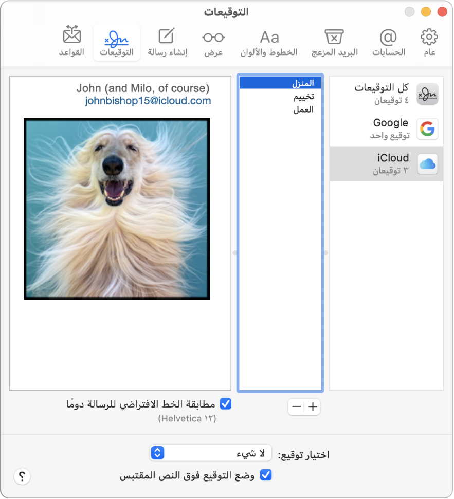 جزء تفضيلات توقيعات البريد يُظهر توقيعًا يحتوي على نص منسق وصورة.