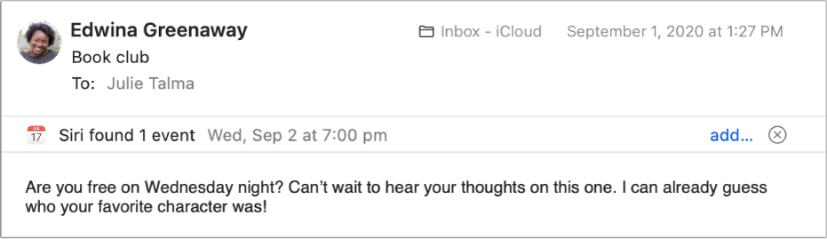 A banner below the message header in the preview area shows information about an event Siri found in the message. A link to add the event to Calendar is located at the right end.
