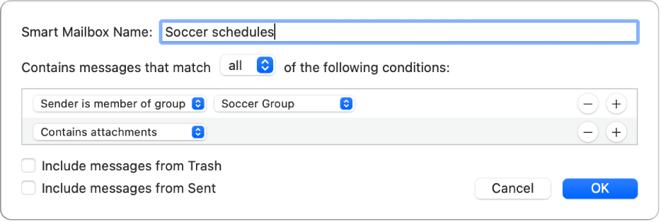 The Smart Group window showing criteria for a group named “Soccer schedules.” The group has two conditions. The first condition has two criteria, shown from left to right: “Sender is member of group” (selected in a pop-up menu) and Soccer Group (selected in a pop-up menu). The second condition has one criteria: “Contains attachments” (selected in a pop-up menu).