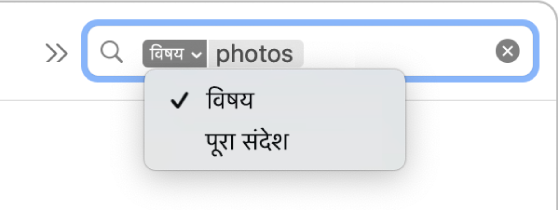 खोज फ़िल्टर जिसके नीचे तीर पर दो विकल्पों को दिखाने के लिए क्लिक किया गया है। विषय और पूरा संदेश। विषय चुना गया है।