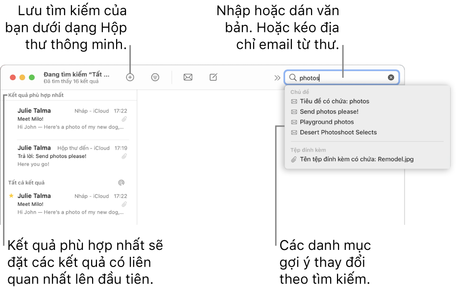 Hộp thư đang được tìm kiếm được tô sáng trong thanh tìm kiếm. Để tìm kiếm hộp thư khác, hãy bấm vào tên của hộp thư đó. Bạn có thể nhập hoặc dán văn bản vào trường tìm kiếm hoặc kéo địa chỉ email từ thư. Khi bạn nhập, các gợi ý sẽ xuất hiện bên dưới trường tìm kiếm. Các gợi ý này được sắp xếp theo danh mục, chẳng hạn như Chủ đề hoặc Tệp đính kèm, tùy thuộc vào văn bản tìm kiếm của bạn. Kết quả phù hợp nhất sẽ đặt các kết quả có liên quan nhất lên trên đầu.