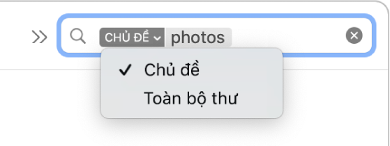 Bộ lọc tìm kiếm có mũi tên xuống được bấm vào để hiển thị hai tùy chọn: Chủ đề và Toàn bộ thư. Chủ đề được chọn.