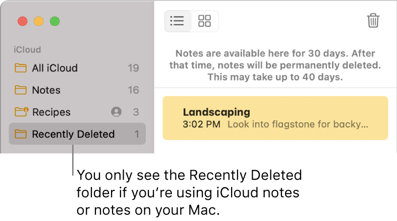 The Notes window with the Recently Deleted folder in the sidebar and a recently deleted note. You only see the Recently Deleted folder if you’re using iCloud notes or notes on your Mac.