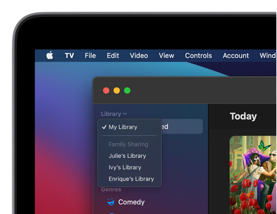 The Apple TV app library screen with family members’ libraries shown in the sidebar.