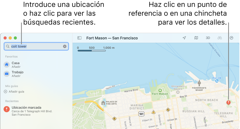 Introduce la ubicación en el campo de búsqueda o haz clic en ella para ver las búsquedas recientes. Haz clic en un punto de referencia o marcador para ver información.