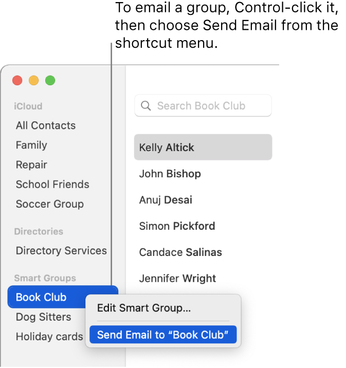 The Contacts sidebar showing the pop-up menu with the command for sending email to the group selected.