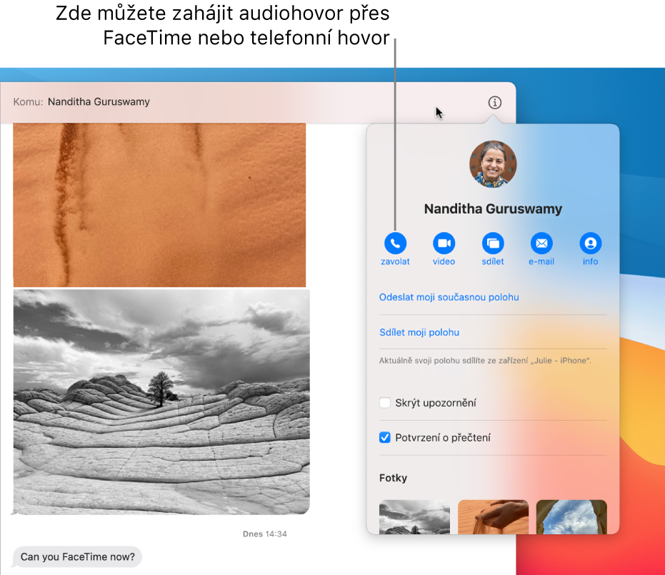 Zobrazení podrobností, které se objeví po kliknutí na tlačítko Podrobnosti v konverzaci. Tlačítkem volání na levé straně zahájíte audiohovor přes FaceTime nebo telefonní hovor.
