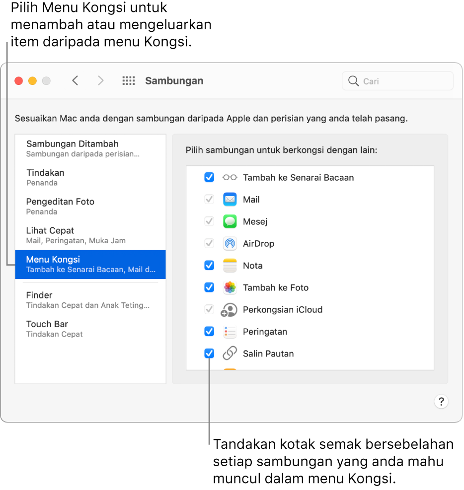 Anak tetingkap Sambungan pada Keutamaan Sistem, menunjukkan menu Kongsi dipilih dan senarai sambung pihak ketiga di sebelah kanan.