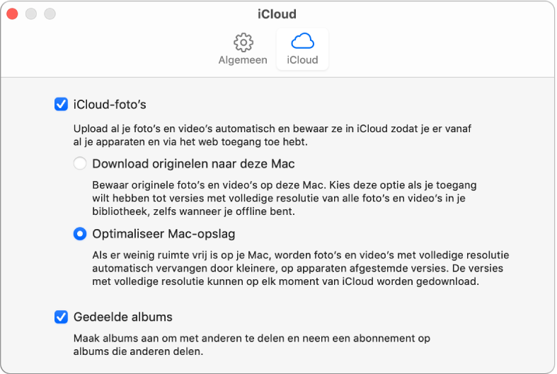 Het paneel 'iCloud' in het voorkeurenvenster van Foto's.