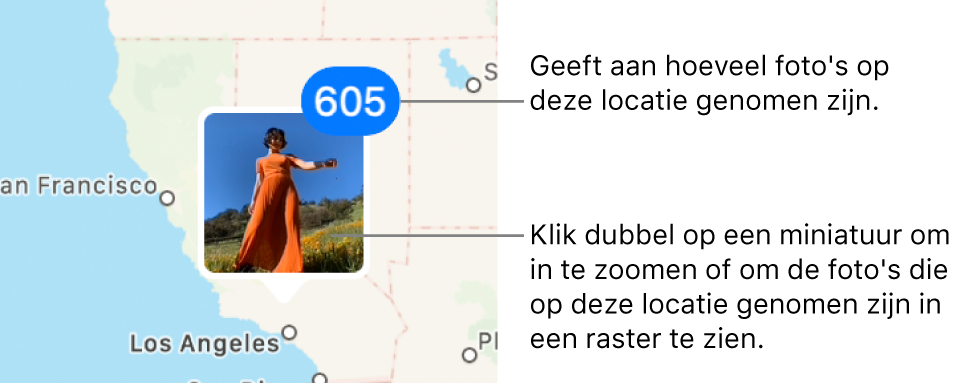 Een fotominiatuur op een kaart, met rechtsbovenin een getal dat aangeeft hoeveel foto's er op die locatie zijn gemaakt.