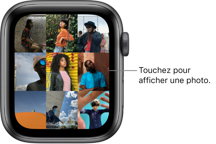 Écran principal de l’app Photos sur l’Apple Watch, avec plusieurs photos dans la grille.