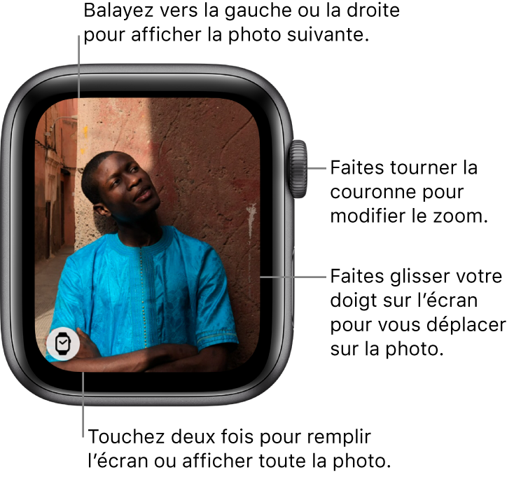 Si une photo est affichée, faites tourner la Digital Crown pour l’agrandir ou la réduire, faites glisser pour vous déplacer sur la photo ou touchez-la deux fois pour l’afficher en plein écran. Balayez vers la gauche ou la droite pour afficher la photo suivante. Touchez le bouton Cadran en bas à gauche pour créer un cadran de la photo.