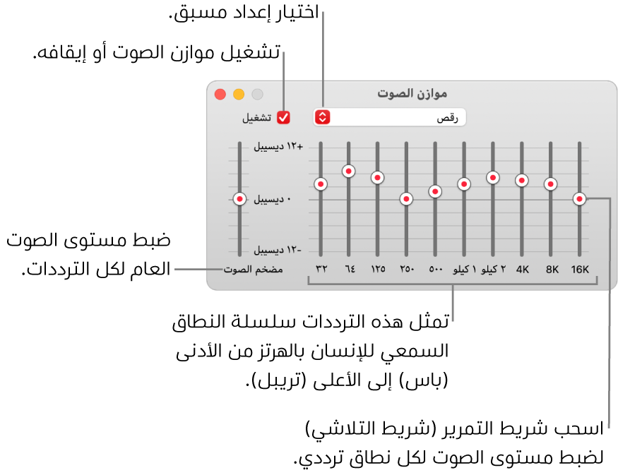 نافذة موازن الصوت: توجد خانة اختيار لتشغيل موازن الصوت في الموسيقى في الزاوية العلوية اليمنى. وبجوارها توجد القائمة المنبثقة مع الإعدادات المسبقة لموازن الصوت. في أقصى اليمين، اضبط مستوى الصوت الكلي للترددات باستخدام مضخم الصوت. أسفل الإعدادت المسبقة لموازن الصوت، اضبط مستوى الصوت لمختلف النطاقات الترددية التي تمثل سلسلة النطاق السمعي للإنسان من الأدنى إلى الأعلى.