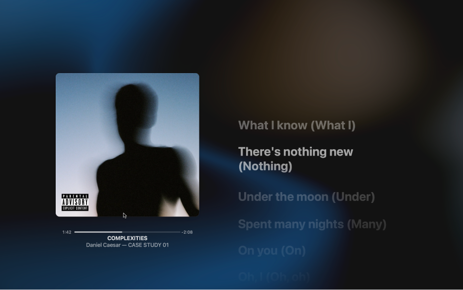 The Full Screen Player with a song playing and lyrics on the right, which appear onscreen in time with the music.