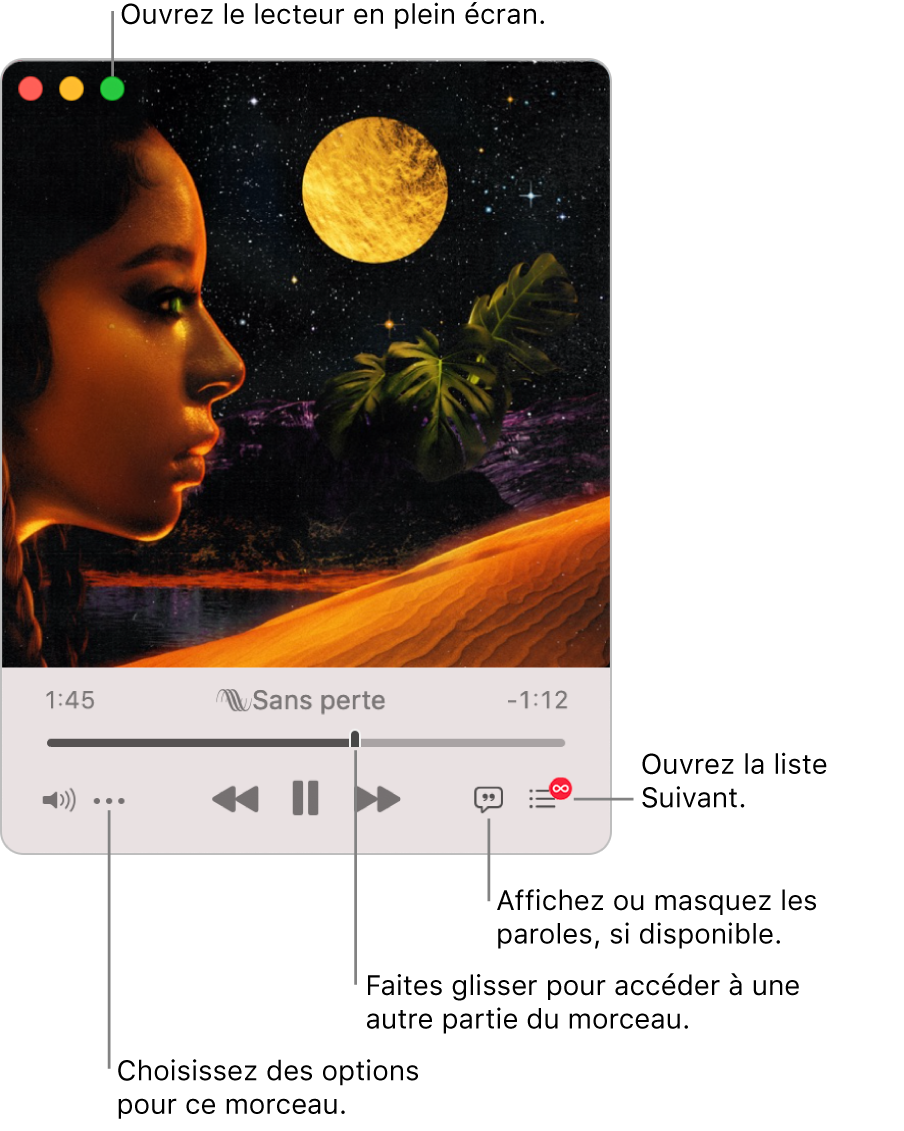 Mini-lecteur agrandi présentant les commandes du morceau à l’écoute. Le bouton vert se trouve en haut à gauche. Il sert à ouvrir le lecteur en plein écran. En bas de la fenêtre se trouve un curseur que vous pouvez faire glisser pour accéder à une autre partie du morceau. Sous le curseur, sur le côté gauche, se trouve le bouton Plus, où vous pouvez choisir des options d’affichage et autres pour le morceau en cours de lecture. À l’extrémité droite sous le curseur se trouvent deux boutons : le bouton Paroles pour afficher ou masquer les paroles disponibles et le bouton Suivant pour voir ce qui sera lu ensuite.