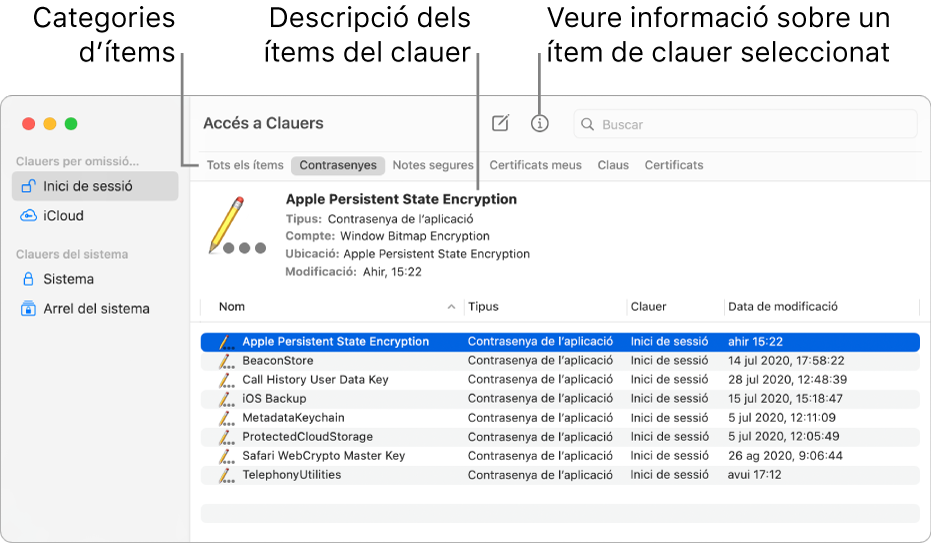 La finestra de l’Accés a Clauers amb uns clauers a la barra lateral. A la dreta, hi ha una descripció d’una contrasenya d’inici de sessió al clauer seleccionada.