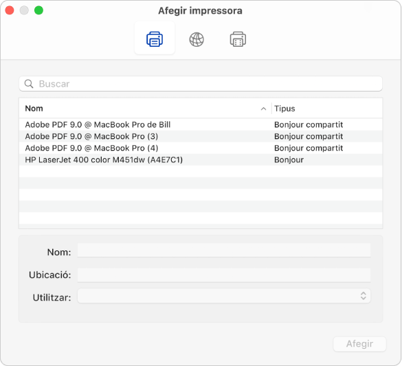 Quadre de diàleg “Afegir impressora” que mostra les opcions per omissió per seleccionar una impressora i afegir-hi un nom i una ubicació, i el menú desplegable Utilitzar per triar el tipus d’impressora.