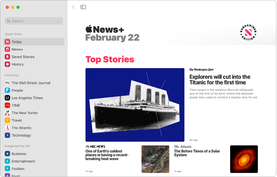 La finestra de l’Apple News amb la barra lateral a l’esquerra i els articles destacats a la dreta.