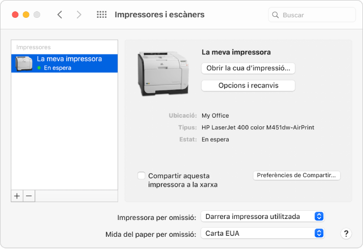 El quadre de diàleg “Impressores i escàners” mostra opcions per configurar una impressora i una llista d’impressores amb els botons Afegir i Eliminar a la part inferior per afegir i eliminar impressores.