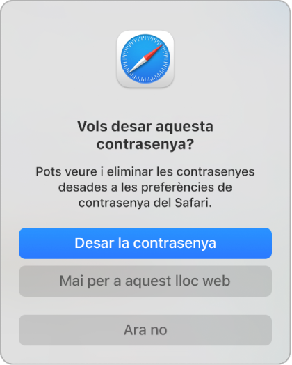 Un quadre de diàleg del Safari que et demana si vols desar la contrasenya d’un lloc web.