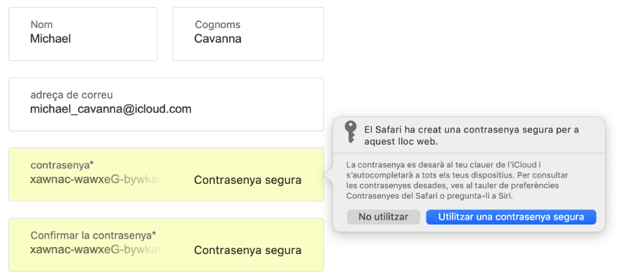 Un diàleg que mostra que el Safari ha creat una contrasenya segura per a un lloc web i que es desarà al clauer de l’iCloud de l’usuari i estarà disponible per a la funció Autocompletar als dispositius de l’usuari.