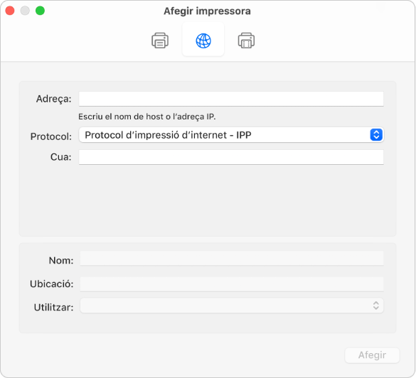 Quadre de diàleg “Afegir impressora” que mostra les opcions IP per configurar una impressora amb el protocol IP.