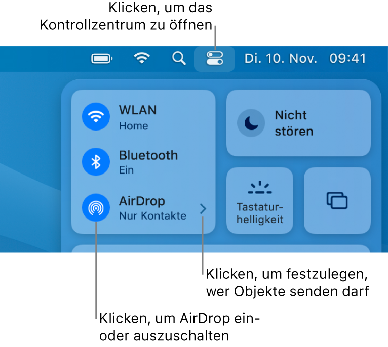 Ein Fenster des Kontrollzentrums mit den Steuerelementen zum Aktivieren und Deaktivieren von AirDrop sowie zum Auswählen, wer dir Objekte senden darf.