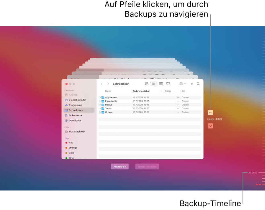 Beim Öffnen von Time Machine ist die Anzeige auf dem Bildschirm verzerrt und es sind mehrere gestapelte Finder-Fenster für die Backups zu sehen. Klicke auf die Pfeile, um in den Backups zu navigieren (oder klicke rechts auf die Backup-Timeline) und wähle die Dateien für die Wiederherstellung aus.