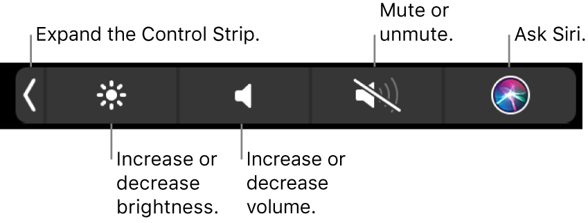 The collapsed Control Strip includes buttons — from left to right — to expand the Control Strip, increase or decrease display brightness and volume, mute or unmute, and ask Siri.